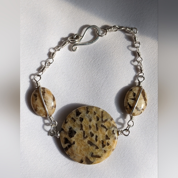 Hand Crafted Jewelry - Hand Crafted Bracelet Sterling Silver Wrapped Graphic Peach Moonstone Beads